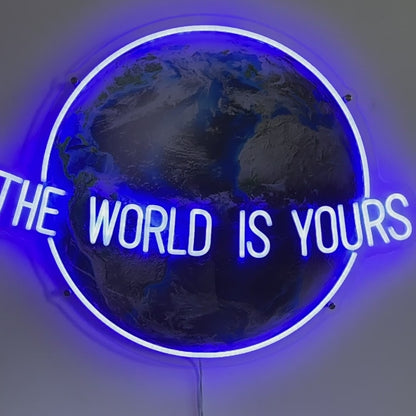 The World Is Yours Neon Sign – UV Printed Globe Backboard LED Wall Light, Motivational Quote Neon for Bedroom, Office or Bar Decor