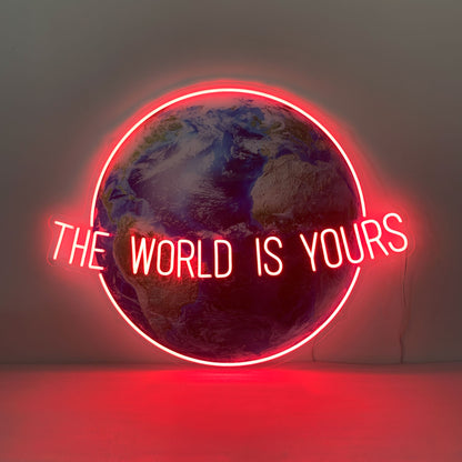 The World Is Yours Neon Sign – UV Printed Globe Backboard LED Wall Light, Motivational Quote Neon for Bedroom, Office or Bar Decor