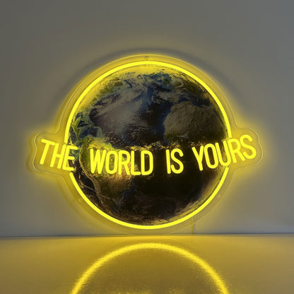 The World Is Yours Neon Sign – UV Printed Globe Backboard LED Wall Light, Motivational Quote Neon for Bedroom, Office or Bar Decor