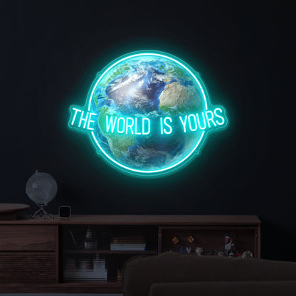 The World Is Yours Neon Sign – UV Printed Globe Backboard LED Wall Light, Motivational Quote Neon for Bedroom, Office or Bar Decor