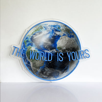 The World Is Yours Neon Sign – UV Printed Globe Backboard LED Wall Light, Motivational Quote Neon for Bedroom, Office or Bar Decor