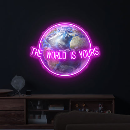The World Is Yours Neon Sign – UV Printed Globe Backboard LED Wall Light, Motivational Quote Neon for Bedroom, Office or Bar Decor